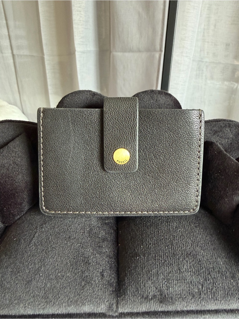 Fossil Black Leather Snap Card Holder with Gold Stud